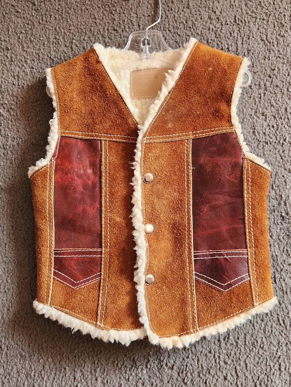 Genuine Leather Kids Vest Size 8 Brown Fleece Lined Western Cowboy Rodeo Vintage